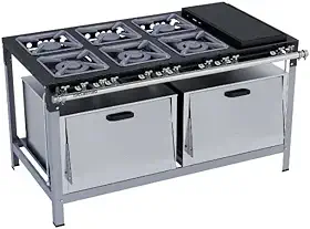Fogão Industrial Profissional 6 Bocas com Chapa, 2 Fornos Luxo, Estrutura em Aço Inox, 30x30cm
