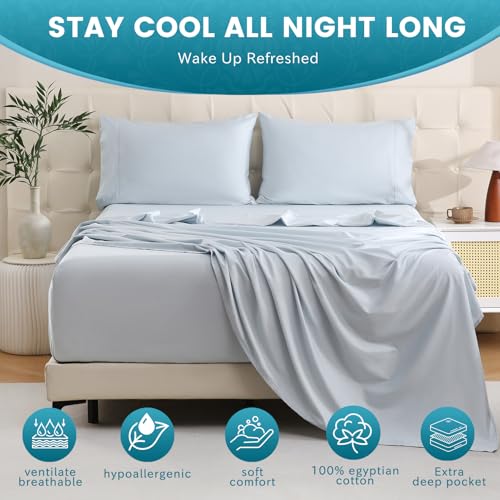 Bedlifes Queen Sheet Set, Extra Deep Pocket 18-24 Inches,1000Thread Count 100% Egyptian Cotton, Soft and Breathable Sateen 4-Piece,Light Blue