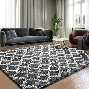 Puremy Shag Area Rug 5×7 Feet Extra Soft Rugs for Living Room, High Pile Indoor Carpet for Bedroom, Playroom, Nursery, Home Decor, Geometric, Dark Grey/White