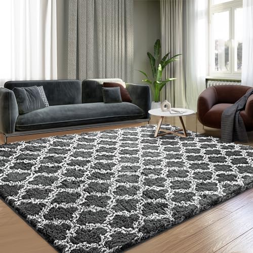 Shag Area Rug 5×7 Feet Extra Soft Rugs for Living Room, High Pile Indoor Carpet for Bedroom, Playroom, Nursery, Home Decor, Geometric, Dark Grey/White