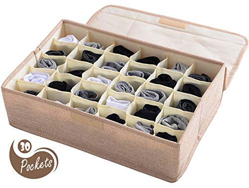 Underwear Socks Storage Organizer with Lids Foldable Closet Drawer Divider 30 Cells, Linen