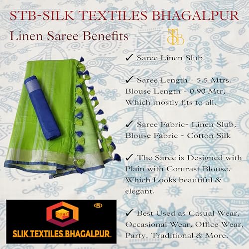 Image of STB-SILK TEXTILES BHAGALPUR Women's Linen Slub Saree With Contrast Blouse Piece