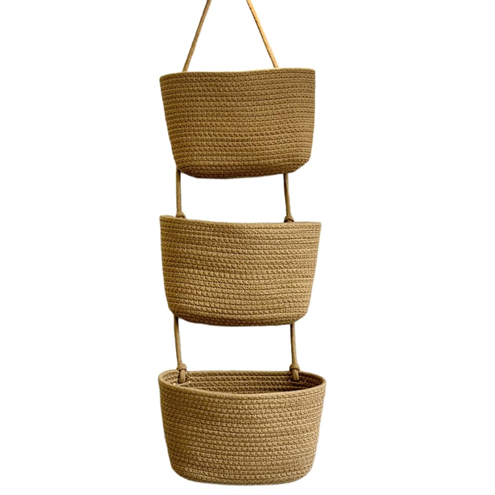 CTRLZS Household Wall-Mounted Storage Basket, Three-Layer Hanging Basket, Wall-Mounted Woven Basket, Environmentally Brown-3