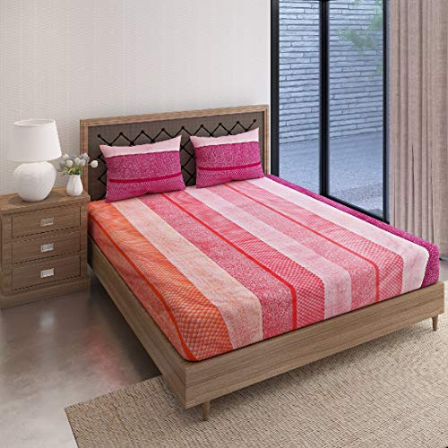 Image of Swayam Pure Cotton Double Bedsheet with 2 Pillow Covers | Size 90 x 100 inch | 160 TC | Striped Design | Soft Breathable Bed Sheet | Comfortable & Durable for Bedroom - Red