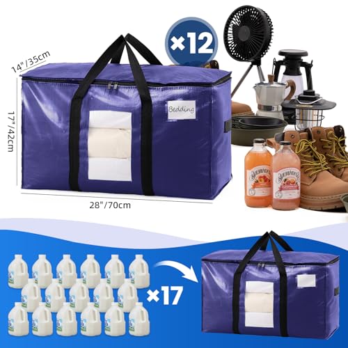 Image of TAILI 12 Pack Dark Blue Extra Large Moving Bags, Heavy Duty Totes with Visible Window, Wrap Around Handles, Great for Space-Saving