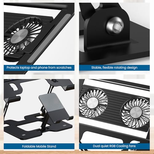 Image of Dyazo Foldable Metal Laptop & Mobile Stand with Dual Cooling Fans | Adjustable Height & Angle | Ventilated Silent Operation | Compatible for MacBook, HP, Dell, Acer, Lenovo & Other Notebooks (Black)