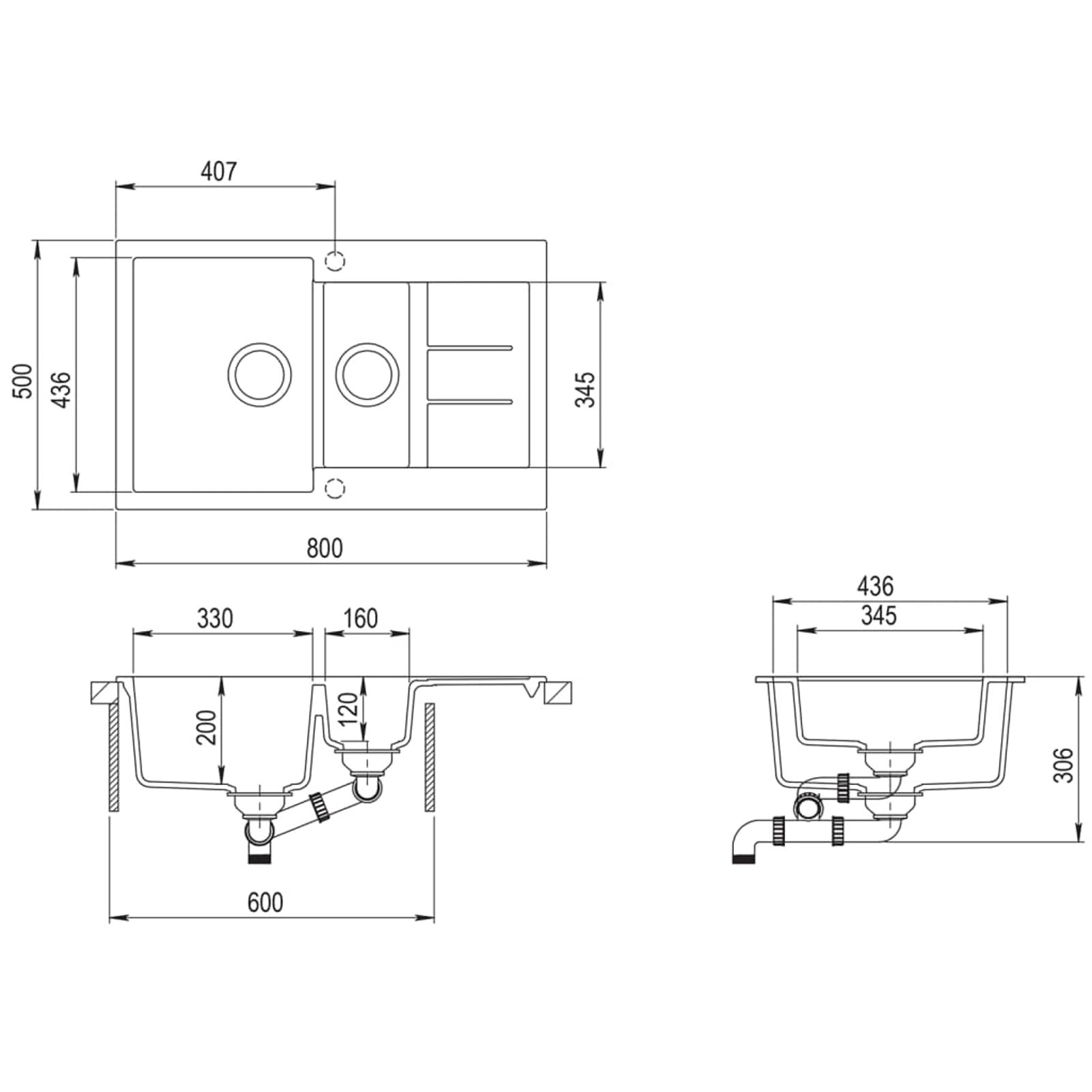 Fregadero de Cocina de Granito Negro - 80% Cuarzo, 20% Resina, Reversible, 800x500x306mm, Instalación Sobrepuesta