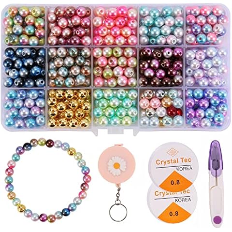 600 Pieces 8MM Gradient Mermaid Imitation Pearl Beads for Jewelry Making, ABS Round Faux Pearls with Hole Filler Bead for DIY Bracelet & Necklace Earring Making Kit Craft Bead (15 Color) Cover