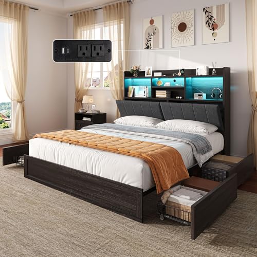 AMERLIFE Queen Size Platform Bed with 4 Drawers, 51.2 LED Frame, Upholstered Bookcase Headboard, Charging Station, Rustic Black