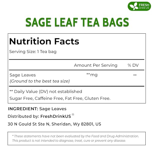 Image of FreshDrinkUS, Premium 135 Sage Leaf Tea Bags, 100% Natural & Pure from Sage Leaves. Loose Leaf Herbal Tea. Made with Natural Material Tea Bags. No Sugar, No Caffeine, No Gluten, Vegan.