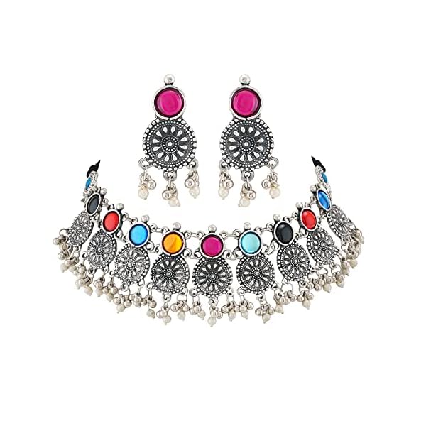 Shreyadzines Fashion Latest Choker Design Oxidised Silver Stone Traditional Necklace Earrings Jewellery Set for Women
