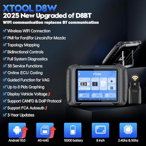 XTOOL D8W OBD2 Scanner Diagnostic Tool Wireless Bidirectional Scan Tool with Topology, ECU Coding, 38 Reset, Active Tests, Crankshaft Relearn, All System PMI, V.A.G Guide, CANFD/DoIP FCA, 3-Yr Update