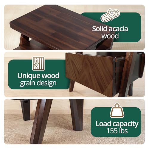 Image of Rum Nightstand with Drawers, Solid Acacia Wood Bedside Table with Drawer & Open Shelf, Handcrafted Wood Grain End Table, Scratch & Water-Resistant, Durable & Easy Assembly (Walnut, Rum)