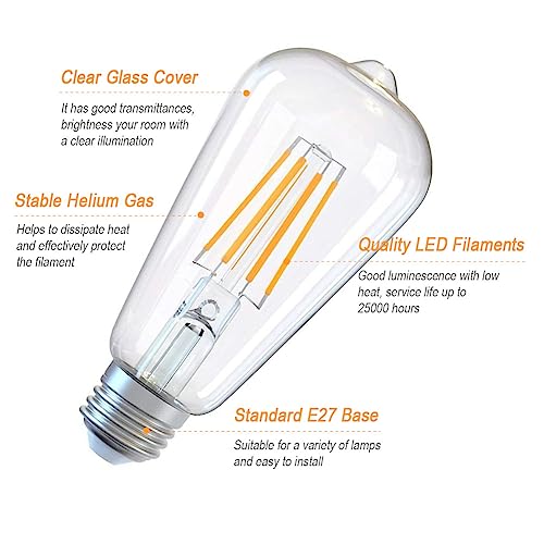 Golopatop E27 LED Filament Edison Screw Bulbs,4W Energy Saving Warm White 2700K ST64 LED Vintage Light Bulbs Clear Glass E27 Squirrel Cage Retro Edison Bulbs - Image 3