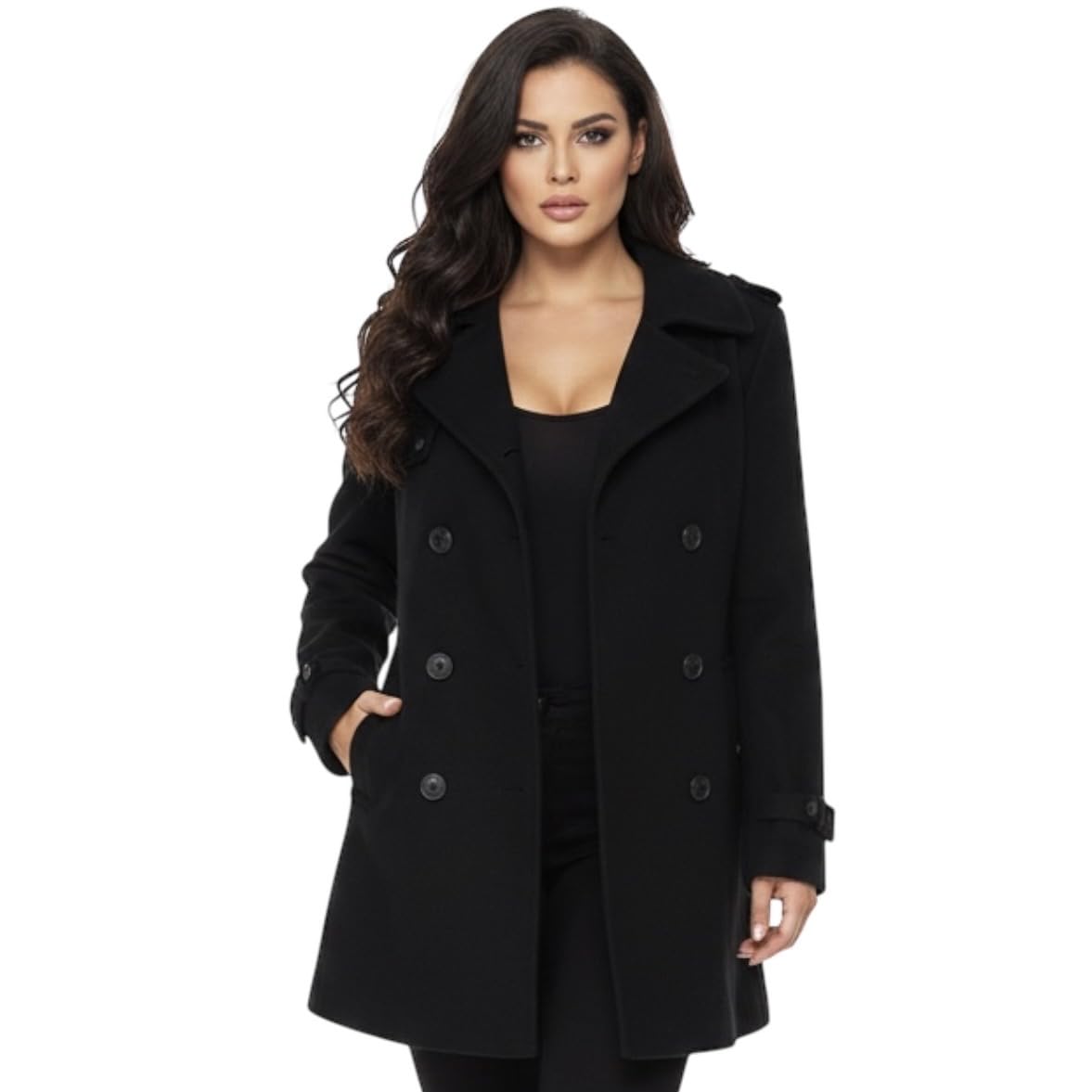 Women Single Piece Double Breasted Long Woolen Coat With Notched Lapel Structured Black Boutique Winter Outerwear Limited One Of One Tailored Exclusive Wear-picture-16