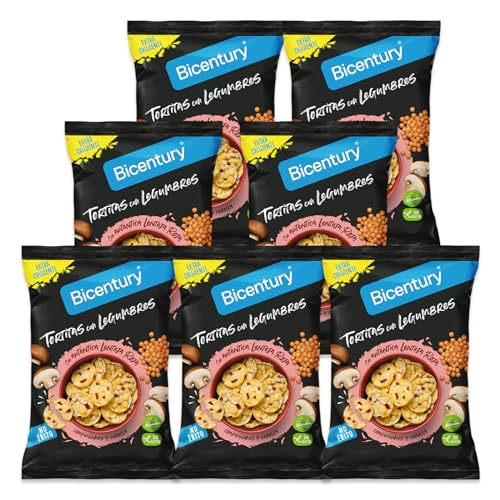 Bicentury Tortitas con Legumbres de Lenteja Roja Champiñones y Cebolla – Snack de Aperitivo Extra Crujiente, No Frito, Sin Gluten, a Base de Arroz y Maíz (7 unidades)