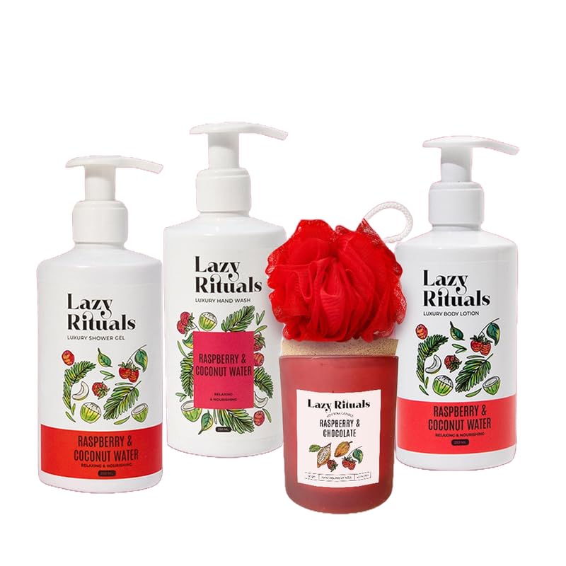 Raspberry and Coconut Water Self Care Set with Shower Gel Body Lotion Hand Wash and Scented Chocolate Candle Free Loofah for a Refreshing Skincare Routine
