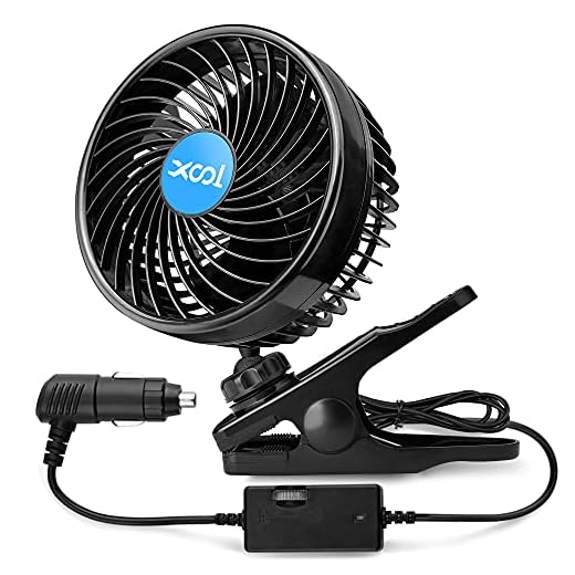 XOOL 12V 6'' Car Fan, Clip Fan 360 Degree Rotatable Car Fan Cooling Air Fan with Stepless Speed Regulation & Cigarette Lighter Plug for SUV, RV, Vehicles