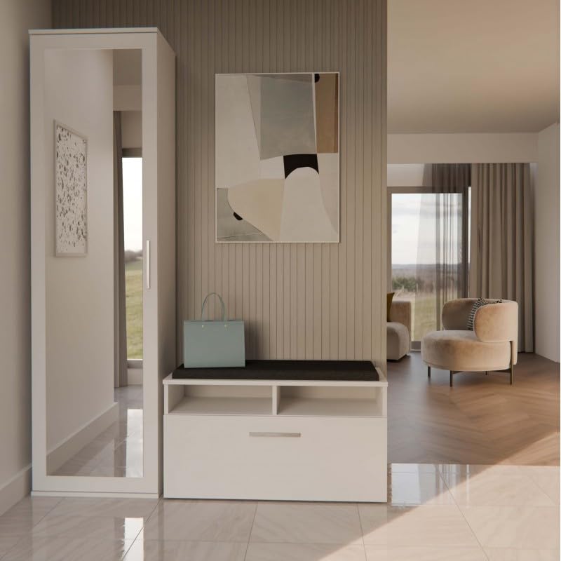 CDF Armoire Couloir avec Miroir Duo Blanc – Penderie Tringle Vêtements 2 Étagères Porte Réversible – Meuble Entrée Dressing Rangement Vestes Chaussures Vestiaire Sangle Anti-Basculement 35x50x180