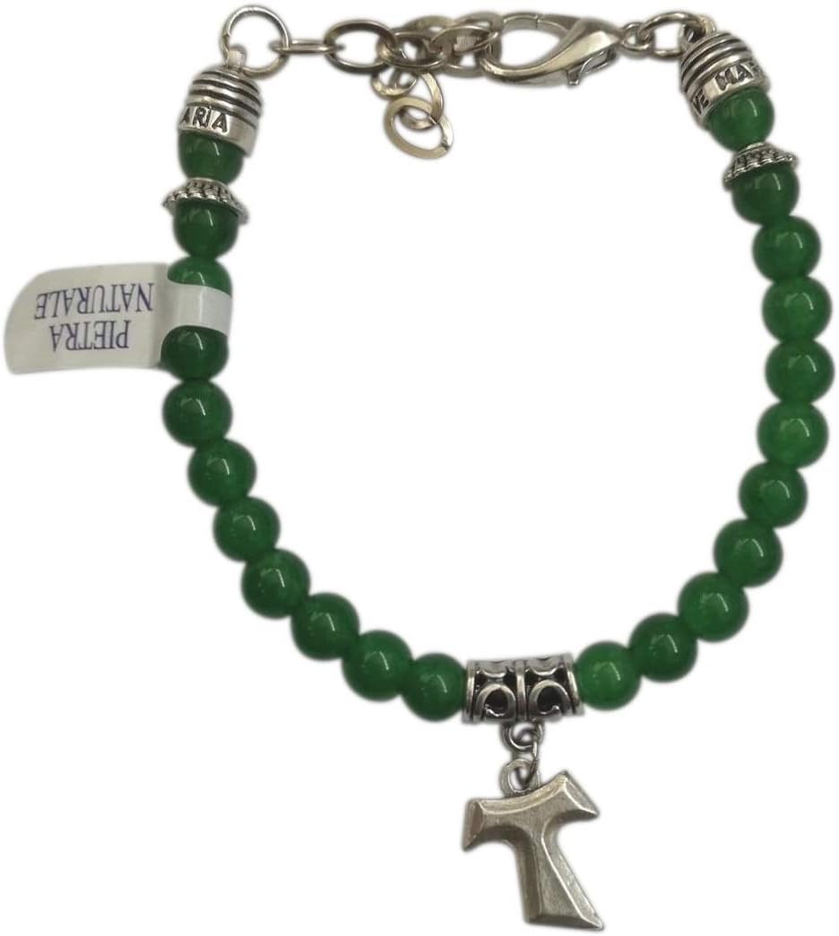 Eurofusioni Bracelet with beads in natural Jade stone and Silver Plated Tau Cross - Pendant h 0,67 In