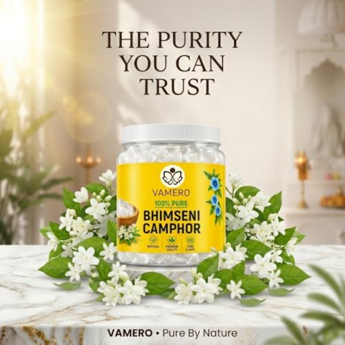 Image of VAMERO Bhimseni Camphor 500g | 100% Pure Pacha Karpooram, Bhimseni Kapoor Original, Pooja, Bheemsen kapoor, Arti, Meditation, Electric Diffuser (Bhimseni Original, 500g)