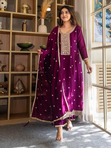 Image of VredeVogel Women's Silk Blend Embroidered Anarkali Kurta with Pant & Dupatta Set | Festive & Casual Women Ethnic Kurta Set for Women