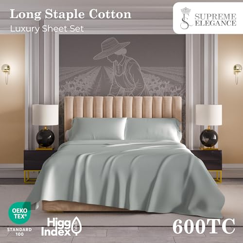 Image of 600 Thread Count Light Gray Bed Sheets Set Twin Size, 100% Cotton Ultra-Soft & Silky, Back to School College Essentials, Wrinkle-Resistant Sateen Weave Deep Pocket Sheet Set (Twin, Soft Silver)