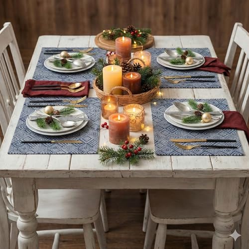 Image of YELONA Placemats Set of 4, Heat-Resistant Woven Vinyl Table Mats, Non-Slip & Washable Dining Tablemats for Kitchen & Dinner Decor, Blue & White (45cm x 30cm)