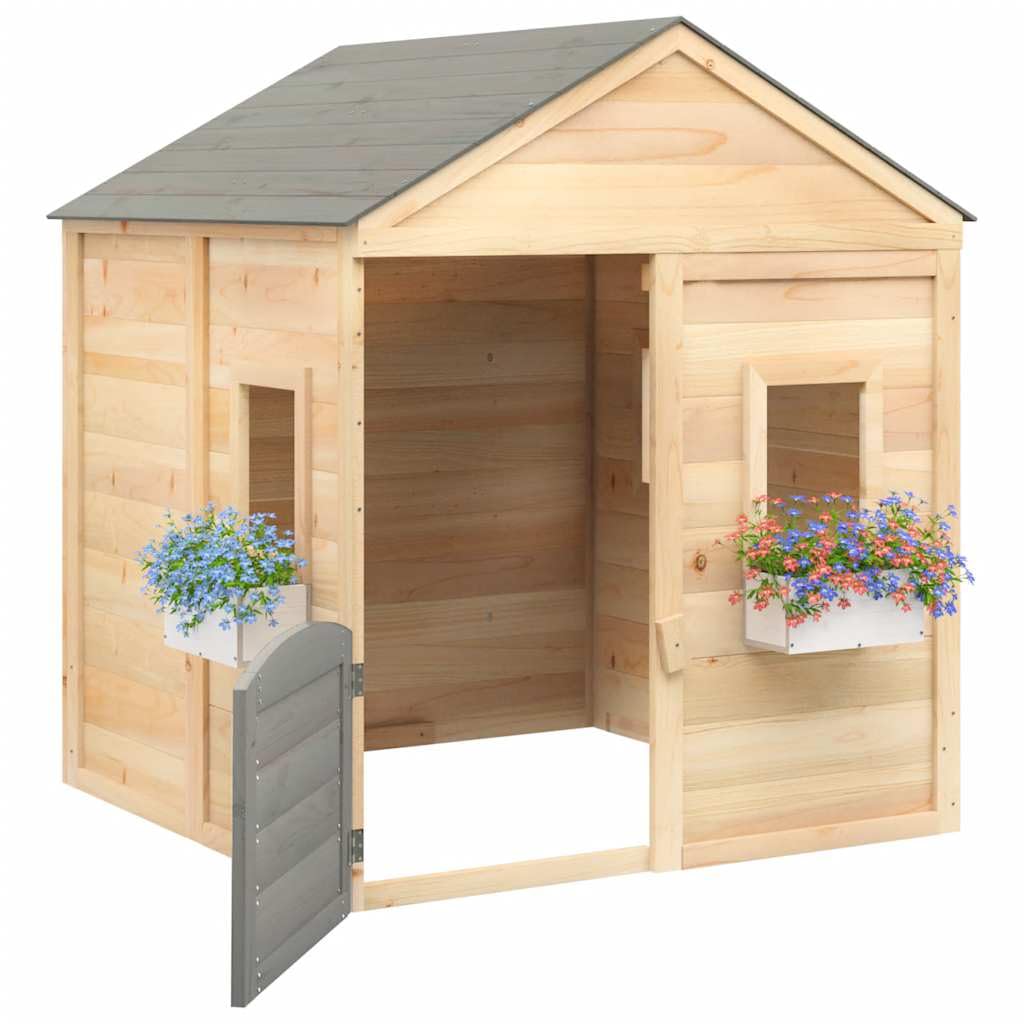 Spielhaus Gartenhaus Kinderhaus aus Tannenholz mit abschließbarer Tür und offenen Fenstern, 2 Blumentöpfen, für Garten Terrasse und Hof, 125 x 120 x 132 cm, dunkelgrau, 3 bis 12 Jahre