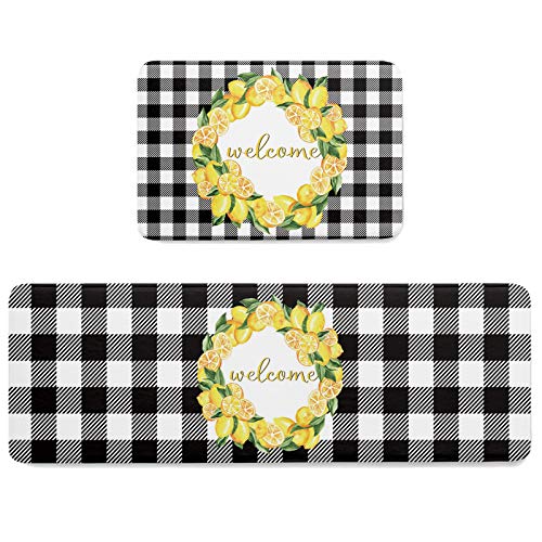 SunShine Day, Kitchen Mats Summer Wreath Lemon Welcome Runner Rug Standing Rugs Set of 2, Black Buffalo Checker Plaid 15.7 x 23.6 + 15.7 x 47.2 in