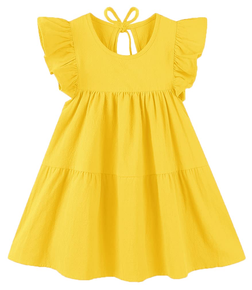 Vestido de algodón y lino con mangas con volantes, estilo casual, para verano, bohemio, para niñas