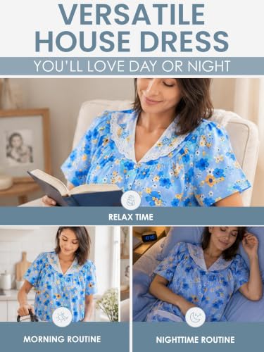 Image of Casual Nights Women's Snap - Front House Dress Short Sleeve Woven Housecoat Duster Lounger Robe with Pockets