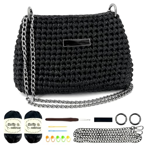 Herally Crochet Kit DIY Bag for Beginners - Include Yarn Hook and Accessory - with Step by Step Video Tutorials - Crochet Pochette Black
