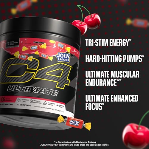 Image of Cellucor C4 Ultimate Pre Workout Powder - Sugar Free Preworkout Energy Supplement for Men & Women - 300mg Caffeine + TeaCrine + Dynamine + Creatine - Jolly Rancher Cherry, 20 Servings