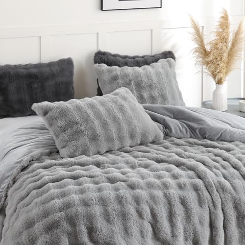 YIKUSH Light Gray Comforter Set King – Ultra Soft & Warm Faux Fur Comforter for Winter, Elegant Fluffy Comforter King Set with Pillowcases, Cozy Gray Bedding Set - Image 5