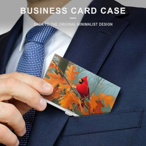 Red Bird on Oak Tree Orange Leaves Business Card Holder Pocket Slim Portable Metal Business Card Case3