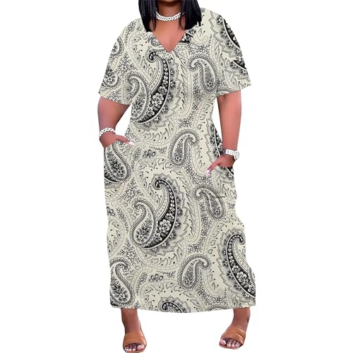 Image of Plus Size Maxi Dress for Women Short Sleeve V Neck Casual Loose Sundress with Pockets