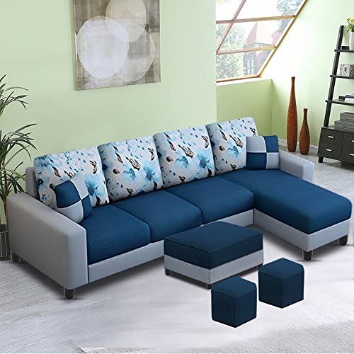 Image of Orland 8 Seater RHS L Shape Sofa with Center Table & 2 Puffy | Color - (Blue Grey Fabric)