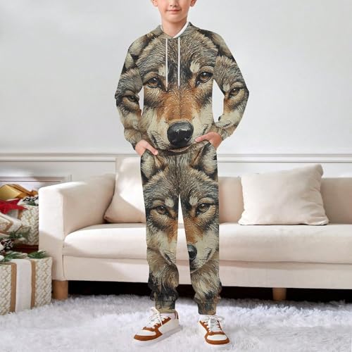 Boys' Girl's Sweatshirt Set 2 Piece Pullover Hoodie Jogger Sweatpants Pants, Wolf Hunting USA Flag3