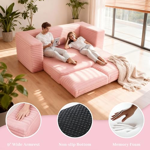 Image of HABUTWAY 62 inch Small Boneless Couch,3-in-1 Convertible Folding Sofa Bed, Corduroy Loveseat Sofa Bed w /2 Pillows for Living Room /Guest Room No Assembly Required, Light Pink
