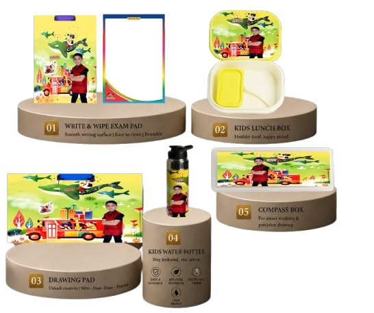 Personalised kit for Kids | Write & Wipe Exam & Drawing Pad, BPA-Free Lunch Box, Pencil Box, Water Bottle, FREE Personalized Canvas & Stickers.-image-20