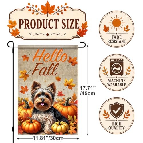 Image of BlissYard Hello Fall Yorkie Garden Flag Dog Pumpkin Decor 12x18 Inch | Double sided polyester, Yorkie pumpkin artwork, playful farmhouse charm for Thanksgiving porch and yard displays