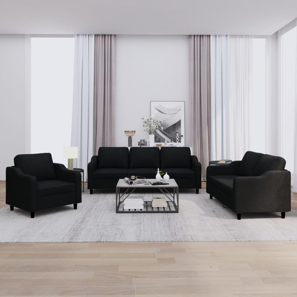 vidaXL Ensemble de Canapés avec Coussins 3 pcs, Canapés avec Accoudoirs et Dossier, Ensemble de Meubles, Mobilier de Salon, Moderne, Noir Tissu