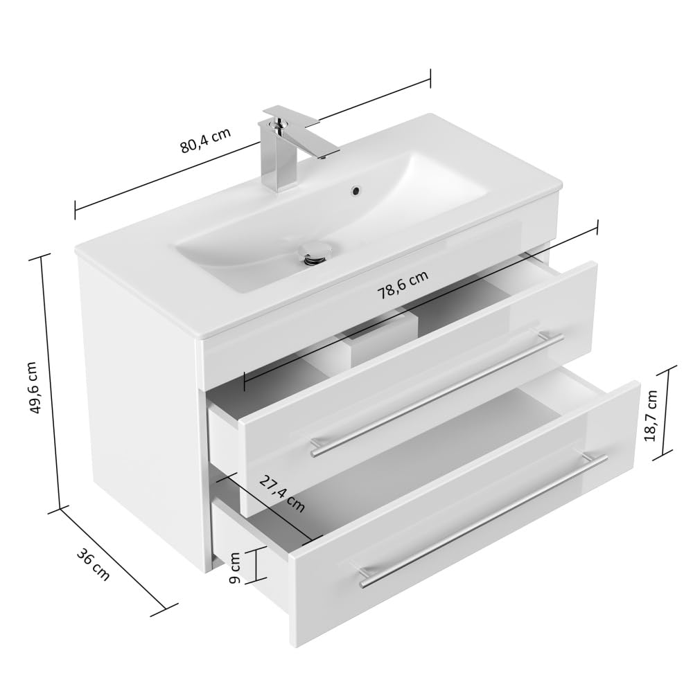Badmöbel Mars 800 SlimLine mit Keramik Waschbecken, Weiß Hochglanz, 80 cm | SoftClose, Unterschrank mit 2 Schubladen, für Badezimmer