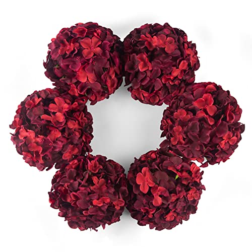DuHouse Artificial Bigger Silk Hydrangea Flower Heads with Stem Realistic Fake Hydrangea Flower Bouquets for Wedding Home Party Garden Centerpiece Pack of 6(Burgundy)