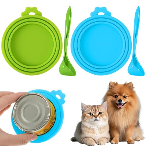 Image of 4PCS Pet Food Can Lids, Silicone Food Can Covers Set with Spoon, Reusable BPA-Free and Dishwasher Safe for Dog and Cat Food Canned, Green /Blue