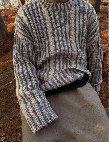 Men's Oversized Chunky Cable Knit Sweater Twisted Rope Crewneck Long Sleeve Vintage Pullovers Tops2