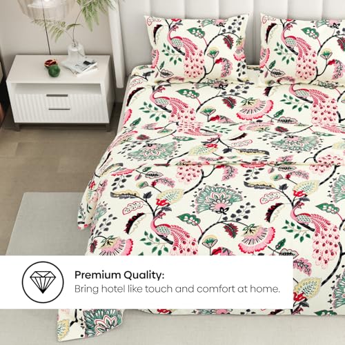 Image of Rivermoor 200 TC Ultrasoft Bedsheet for Double Bed | Queen Size Bed Sheet with 2 Pillow Covers | Cream Floral Print | 88 x 96 Inches | Breathable & Hypoallergenic