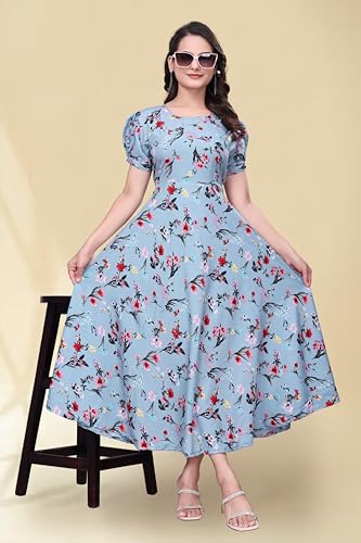 Image of Women's A-Line Crepe Maxi Dress | Stylish Fit and Flare Dress with Round Neck Short Puff Sleeves for Casual Wear