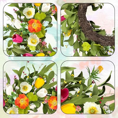 ICX 22" Spring Summe Wreaths for Front Door, Artificial Tulip Wreath with Orchids Green Foliage, All Season Farmhouse Window Wall Wedding Decor, Housewarming Gift — view 3